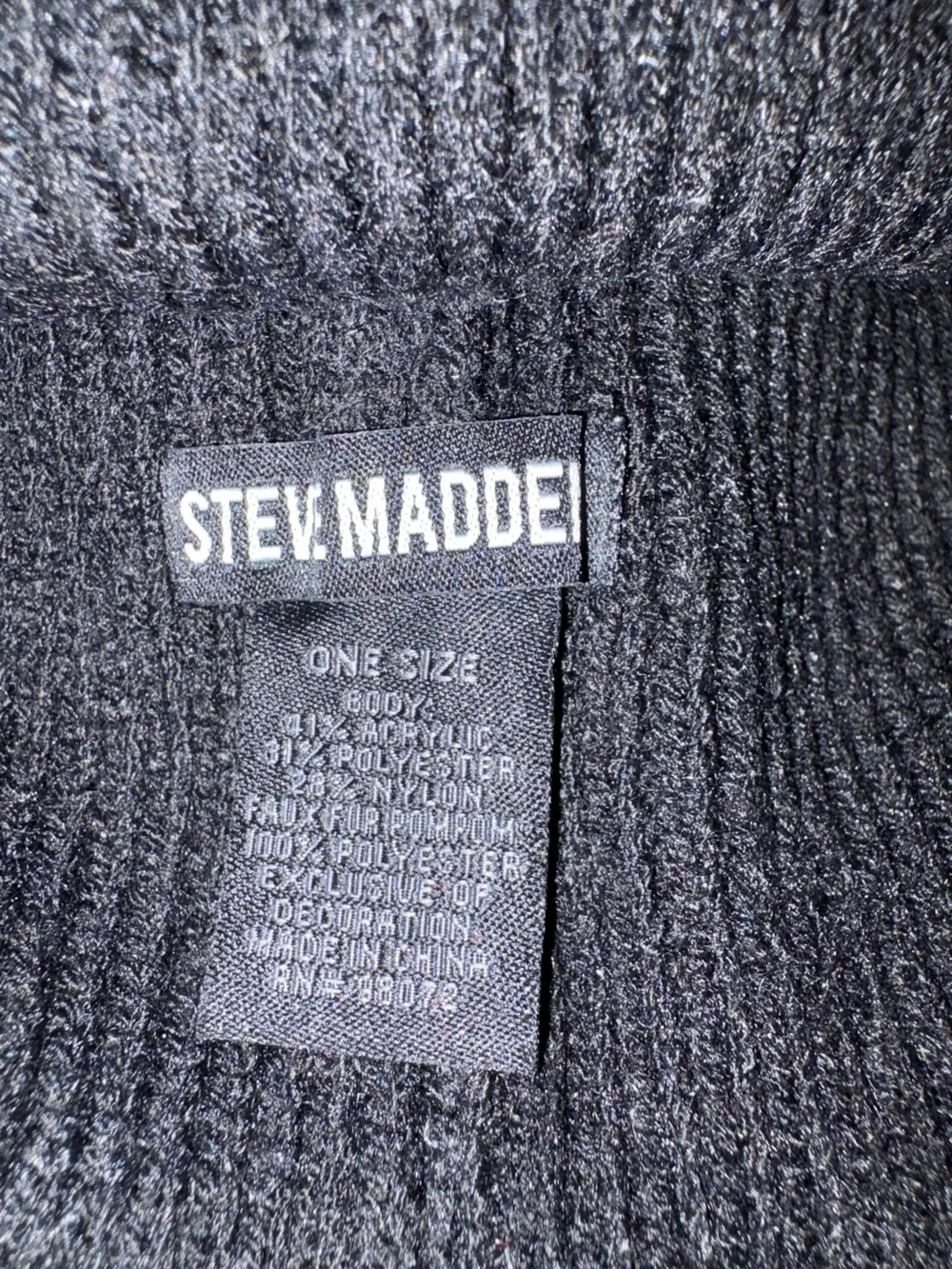 Steve Madden Black Beanie with Faux Fur Pom and Pearl & Rhinestone Accents